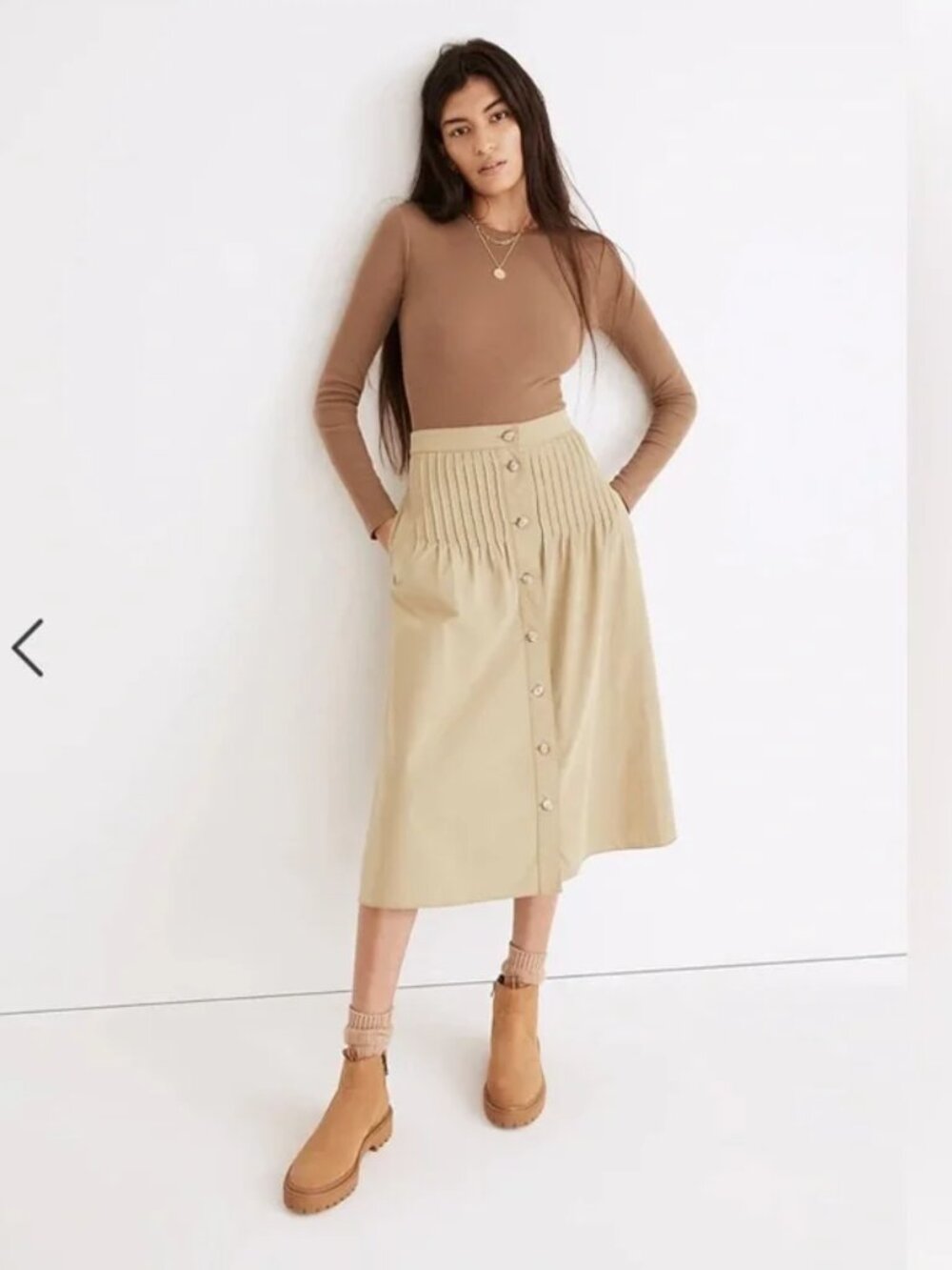 NWT Madewell Button Front Pintuck Midi Skirt in Olive Size 4 100% cotton